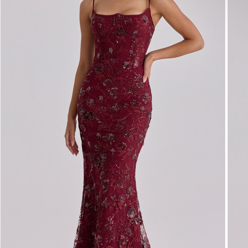 House of CB Wine Red Beaded Lace Maxi Dress